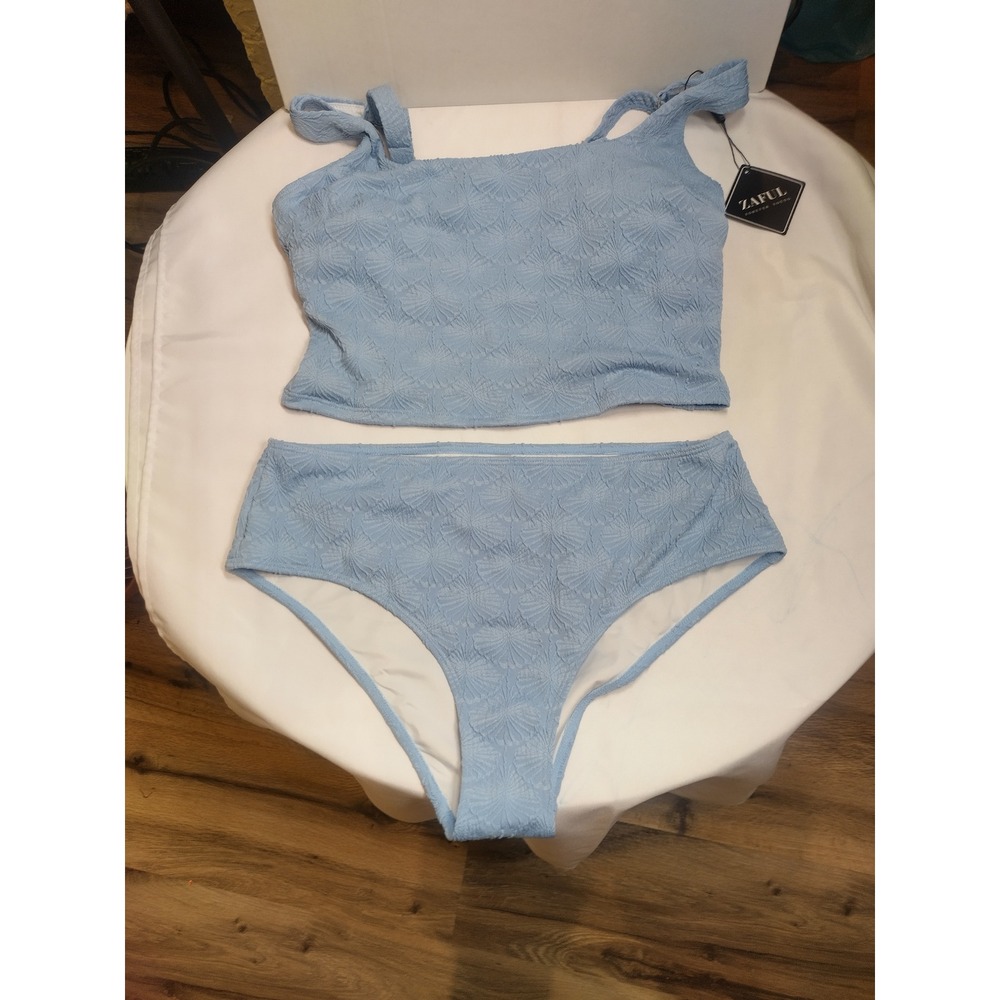 Zaful Womens Blue Textured Shell Pattern High Waisted Bikini Set Size XL NWT